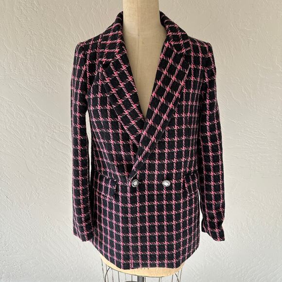 RACHEL ZOE | Pink Black Double-Breasted Check Wool Blend Blazer NEW Size Small - Picture 4 of 14